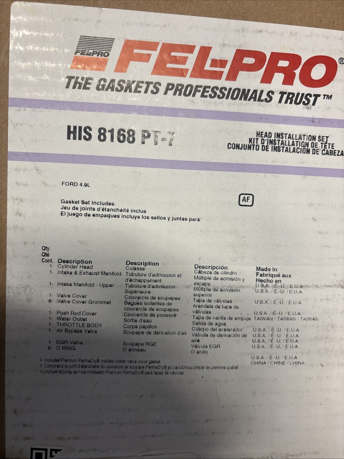 Fel-pro HIS8168PT-7 Cylinder Head Gasket Set For 1993-1996 Ford 300 4.9L-L6