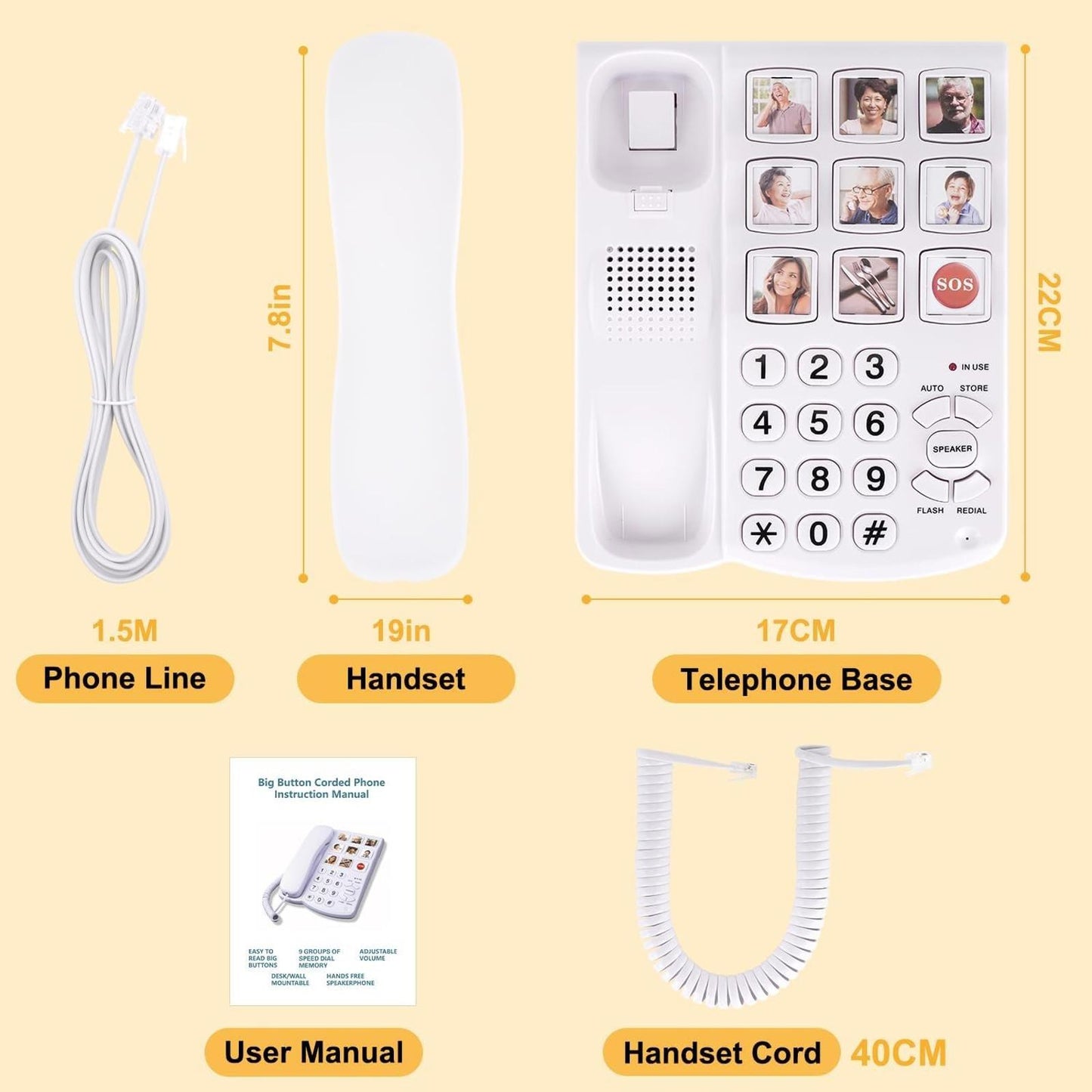 Big Button Phone for Seniors, Corded Landline Phone with 9 One-Touch Dialing