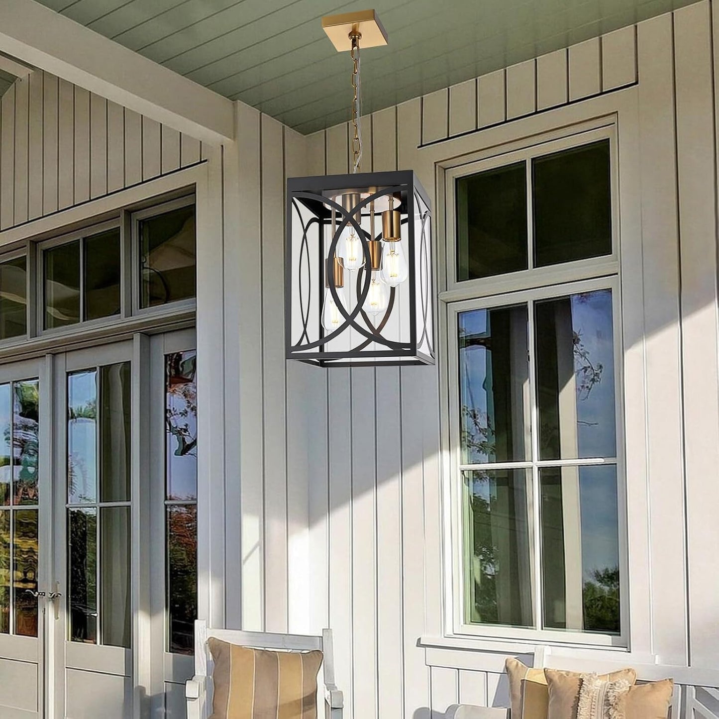 4-Lights Large Outdoor Pendant Light Fixture, E26 Bulb Base Porch Hanging Lighti