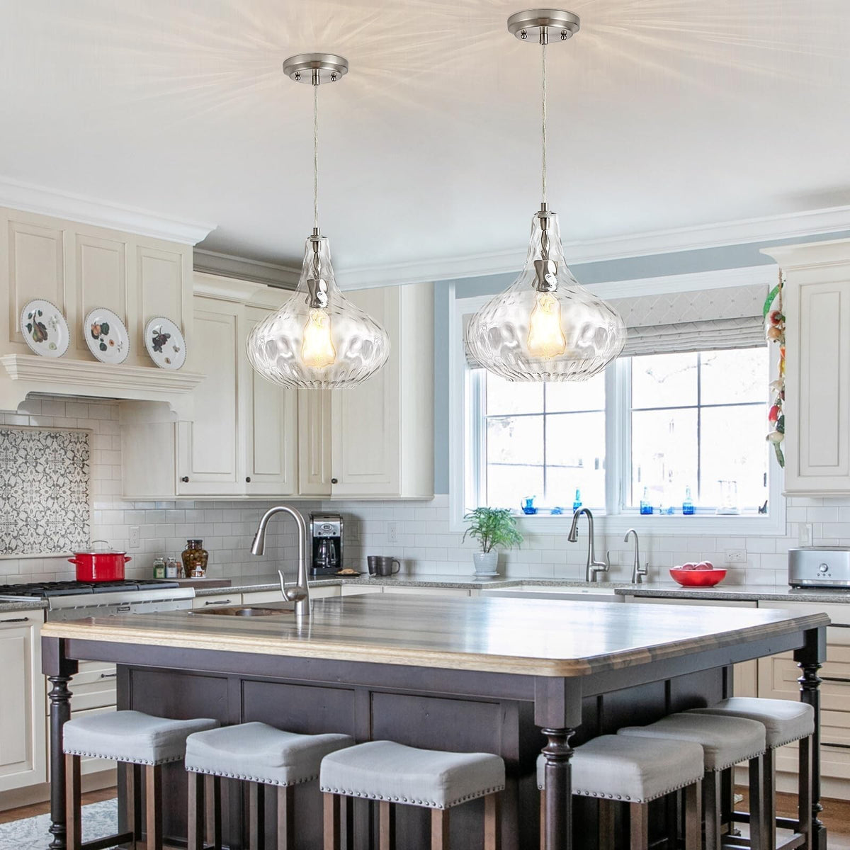 Hammered Glass Pendant Light for Kitchen Island, 11-Inch Modern Brushed Nicke...