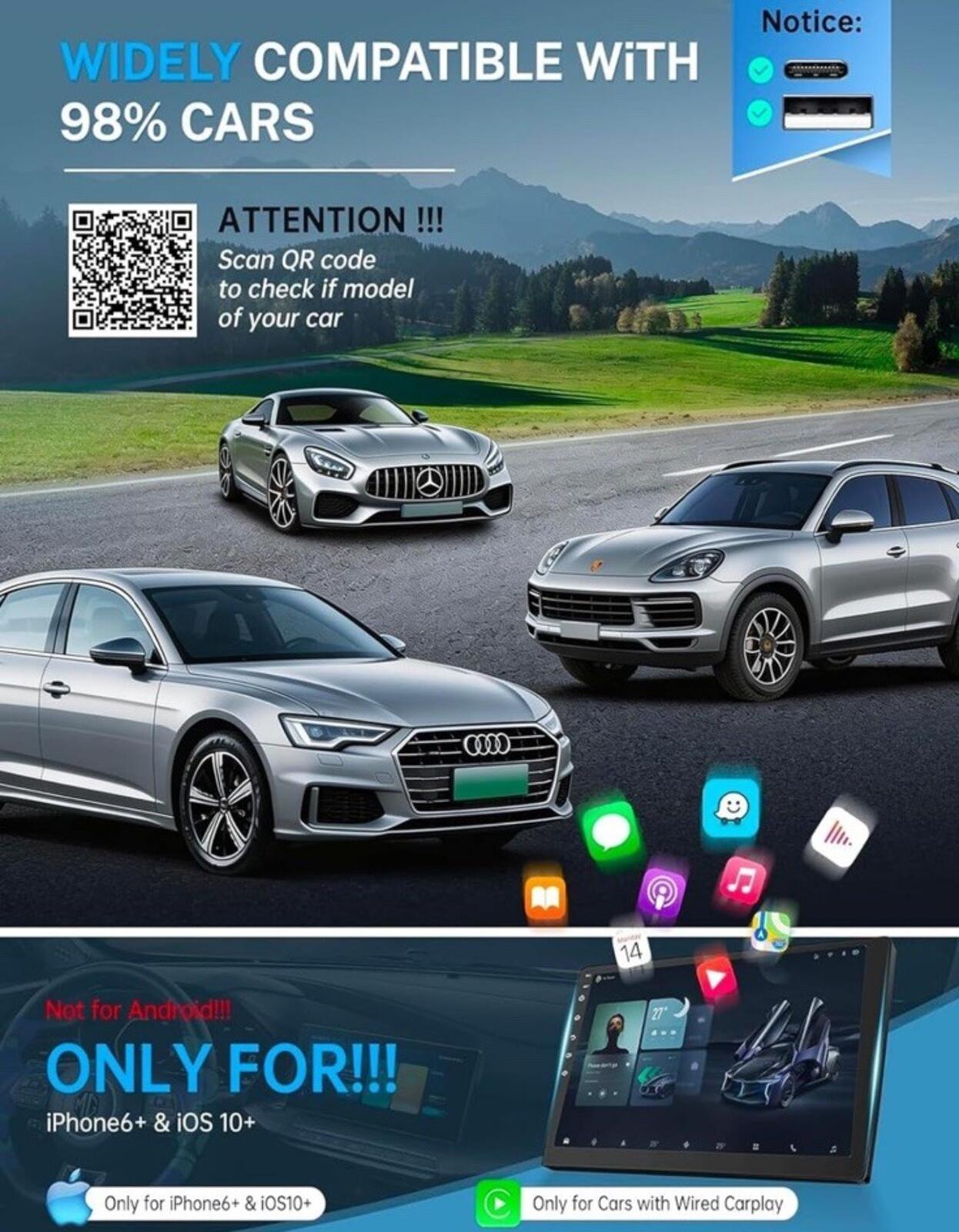 2026 Wireless CarPlay Adapter for iPhone ＆ Android Auto Mini Wired to Wireles...