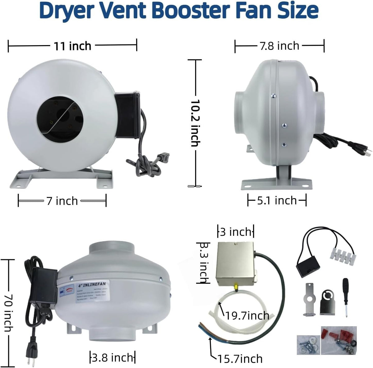 M-4DBT Automatic Dryer Vent Booster Exhaust Fan for Clothes Dryers Vent Duct 4"
