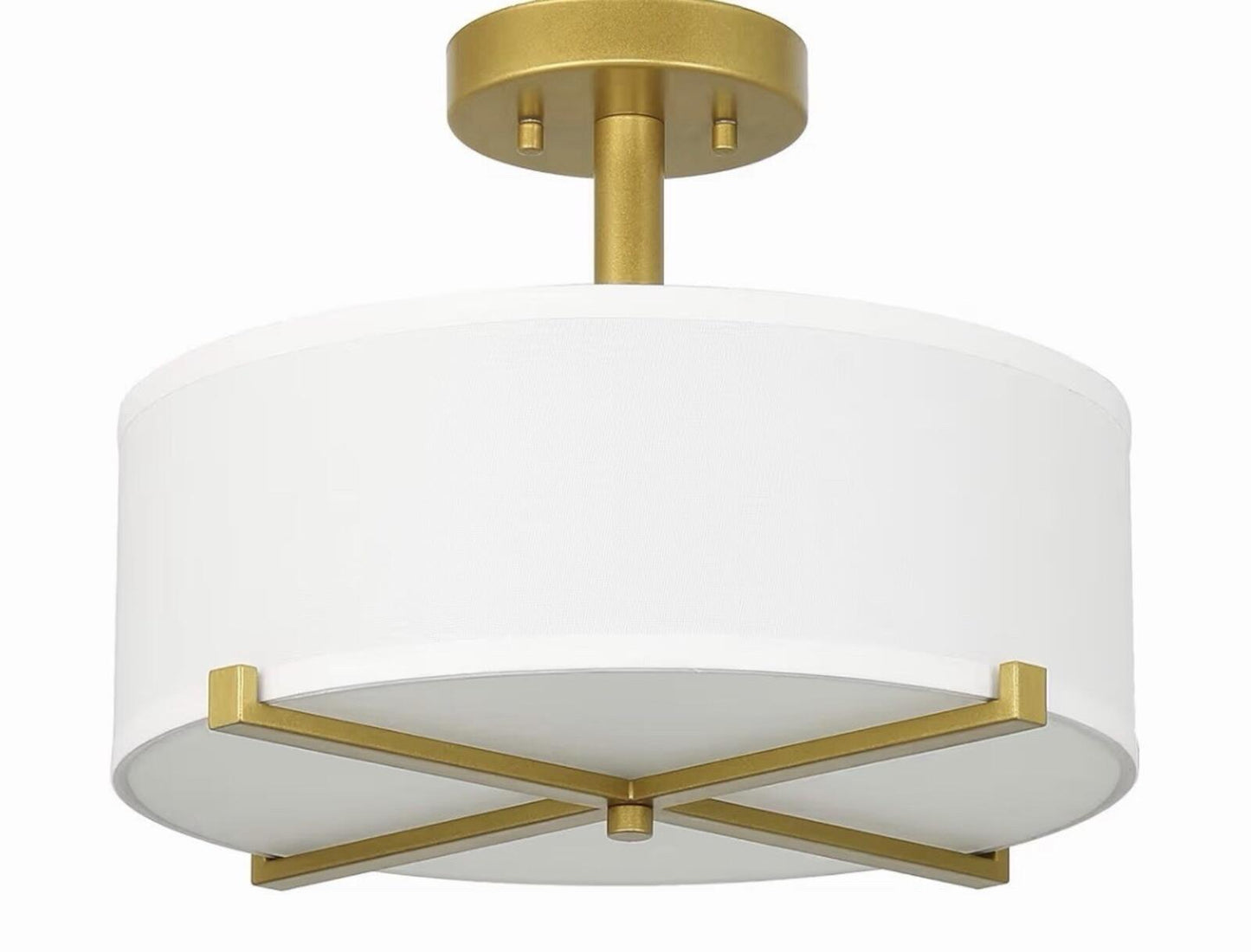 Semi Flush Mount Ceiling Light Modern Gold Brass Drum Light Fixture with Fabric
