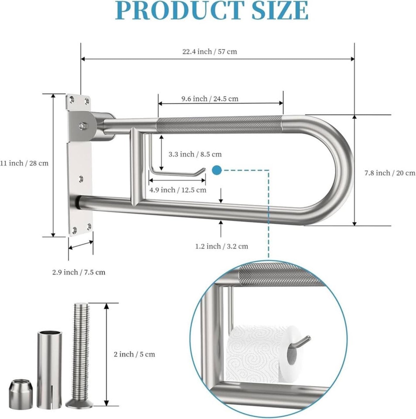 Toilet Grab Bar 22.4 Inch Munzong Anti-Slip Handicap Grab Bars with Paper Holder