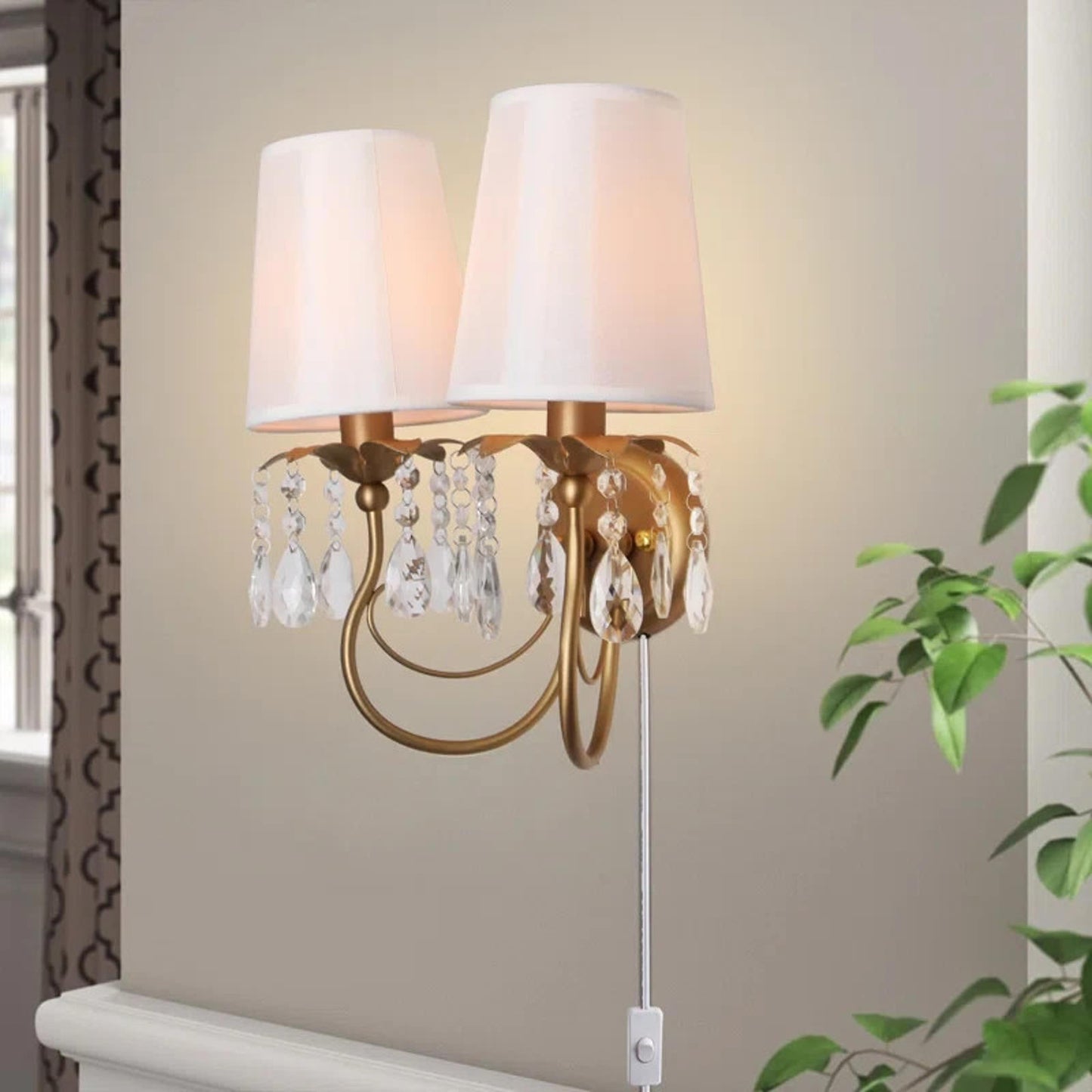 Vintage Wall Sconces with Fabric Lampshape& Crystal Hallway 2-Lights Wall Lamp