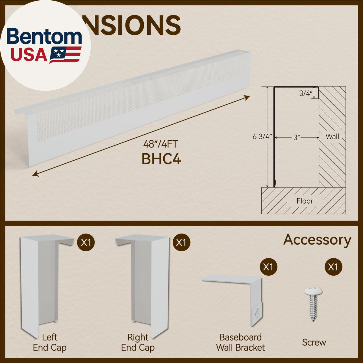 4Ft Galvanized Steel Easy Slip-On Baseboard Heater Cover with Left and Right End