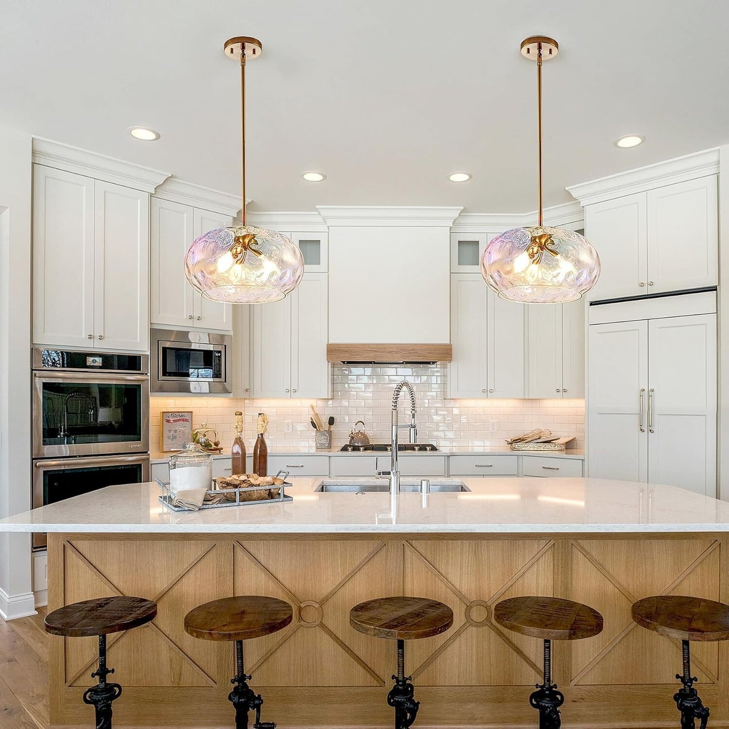 Large Glass Pendant Lighting, Hammered Lampshade Chandelier Stained, 14 Inch