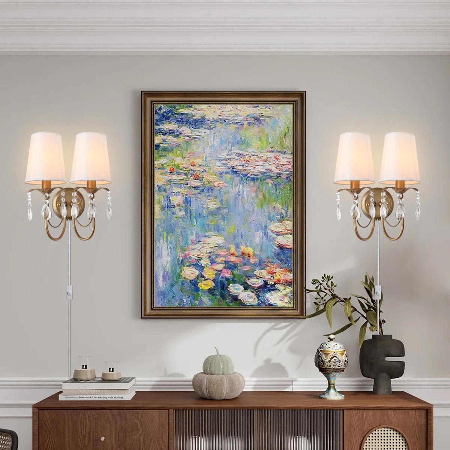 Vintage Wall Sconces with Fabric Lampshape& Crystal Hallway 2-Lights Wall Lamp