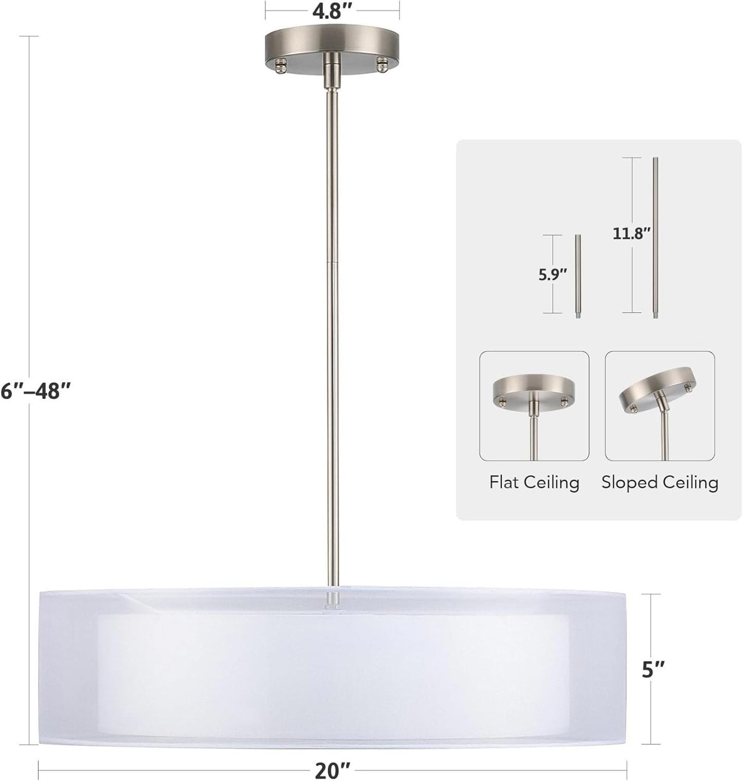 VONLUCE 3-Light Drum Chandeliers, 20" Pendant Light Fixture with 2-Layer Fabric