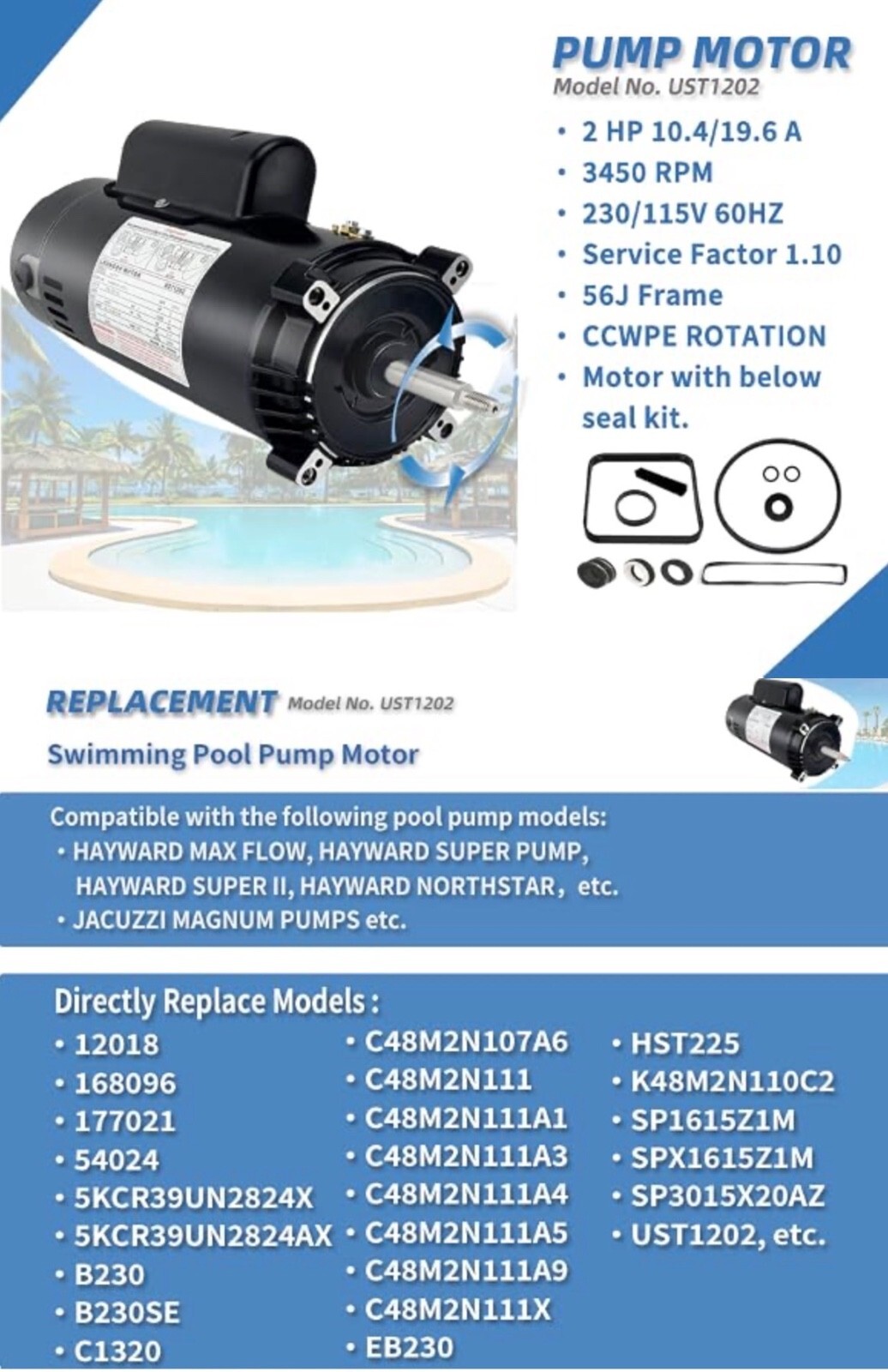 UST1202 2HP Replaces Century/AO Smith Swimming Pool Pump Motor for Hayward Super