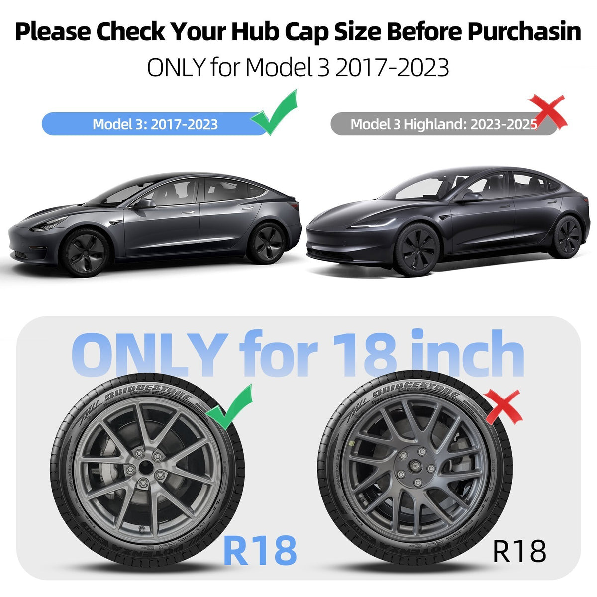 18 inch for Model 3 2017-2023 Wheel Covers Blade Hubcap ABS Caps Full Cover 4PCS