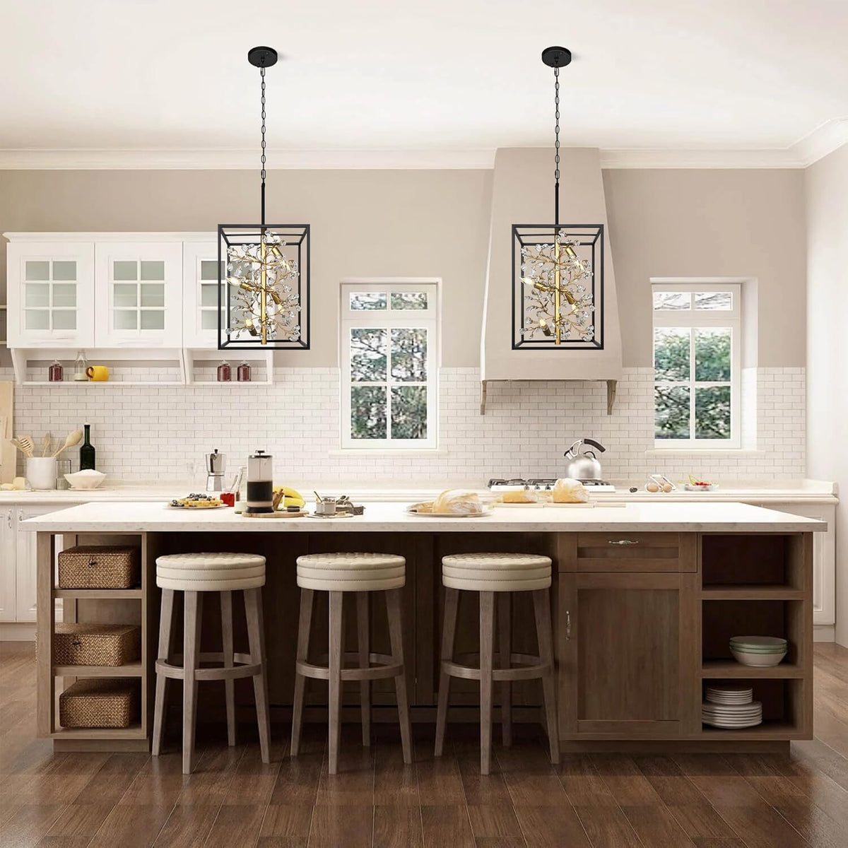 Modern Black and Gold Lantern Chandelier, 4-Light Rustic Pendant Light
