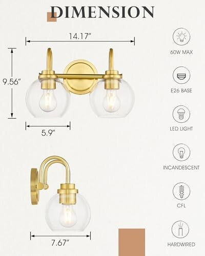 Bathroom Light Fixtures, 2-Light Brushed Gold Vanity Lights with Gold, 2-Light