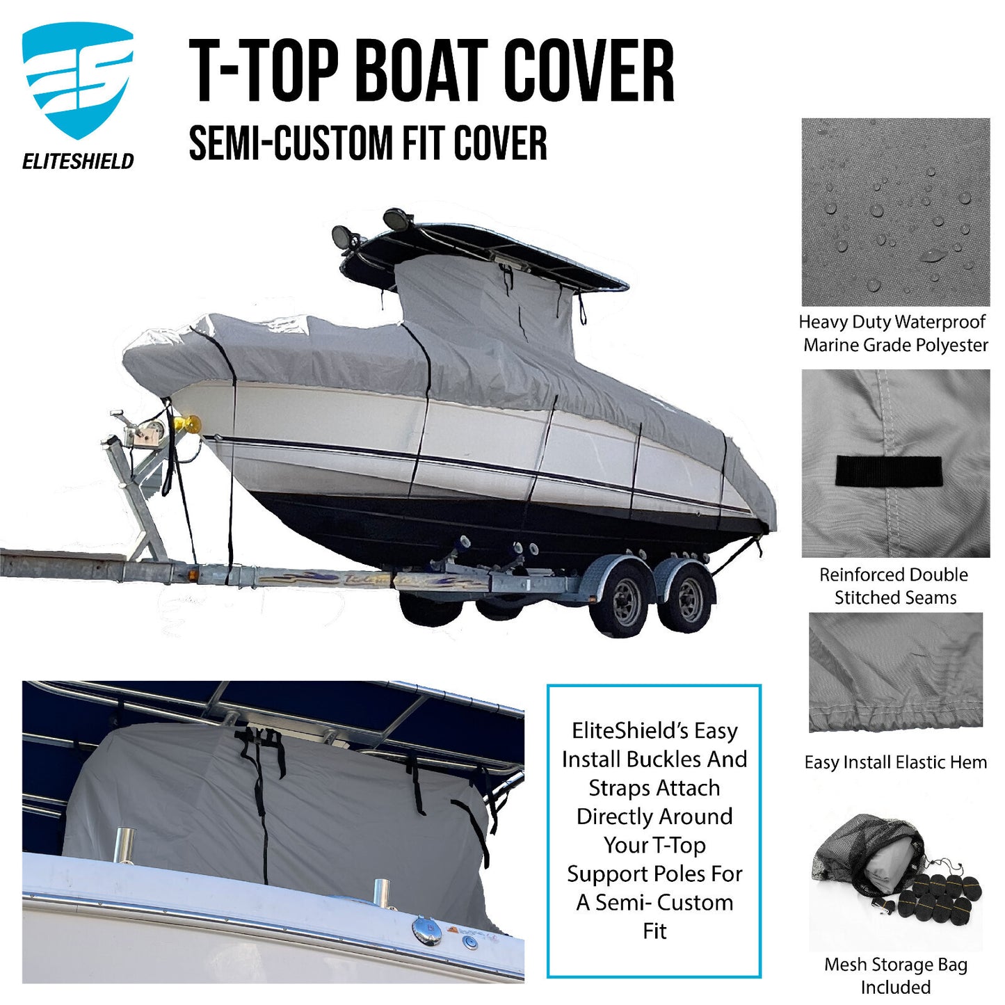 EliteShield Heavy Duty T-Top Boat Cover - Fits 30ft to 32ft Long Center Console