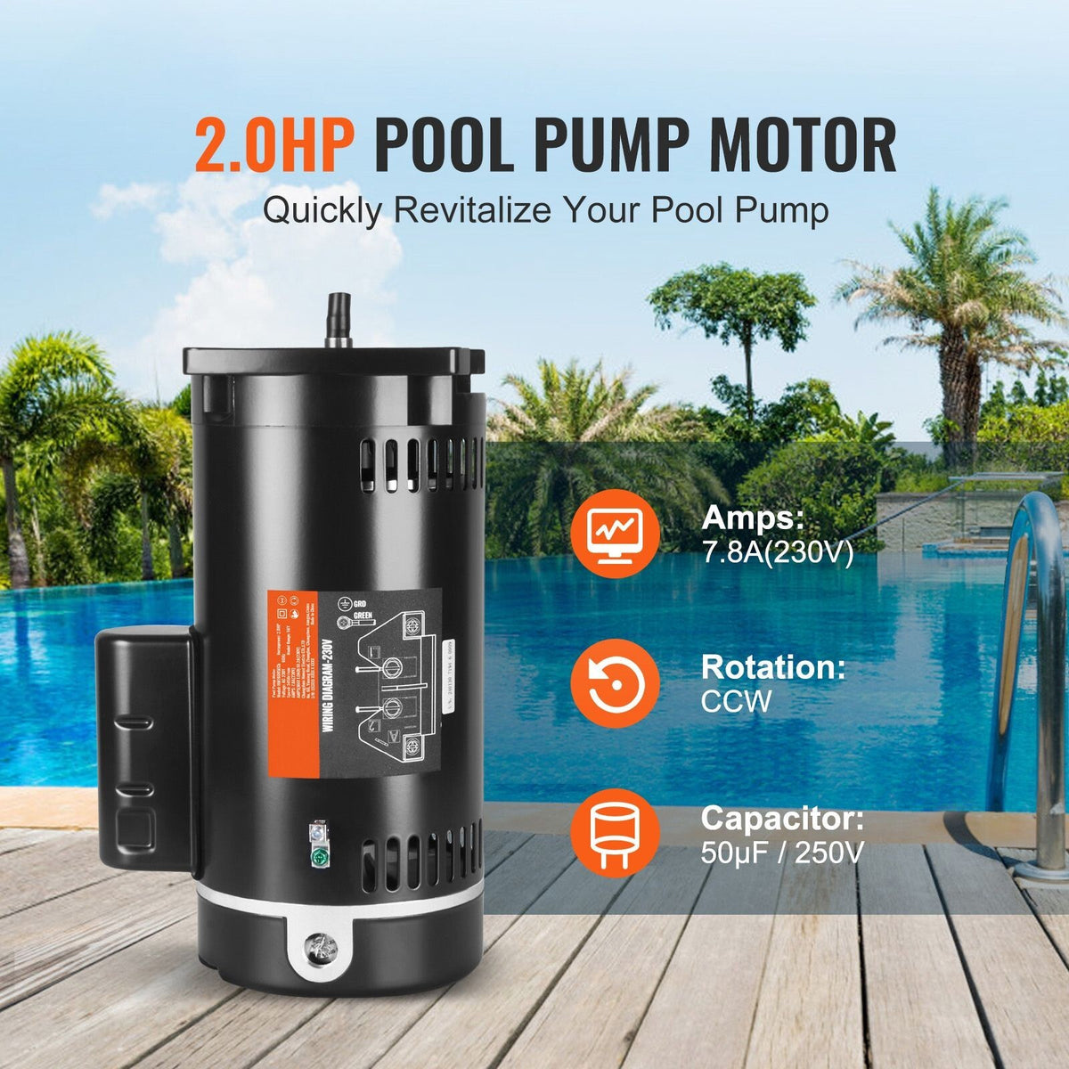 56Y Frame 2HP Pool Motor, 230V 3450 RPM Replacement 115/230V