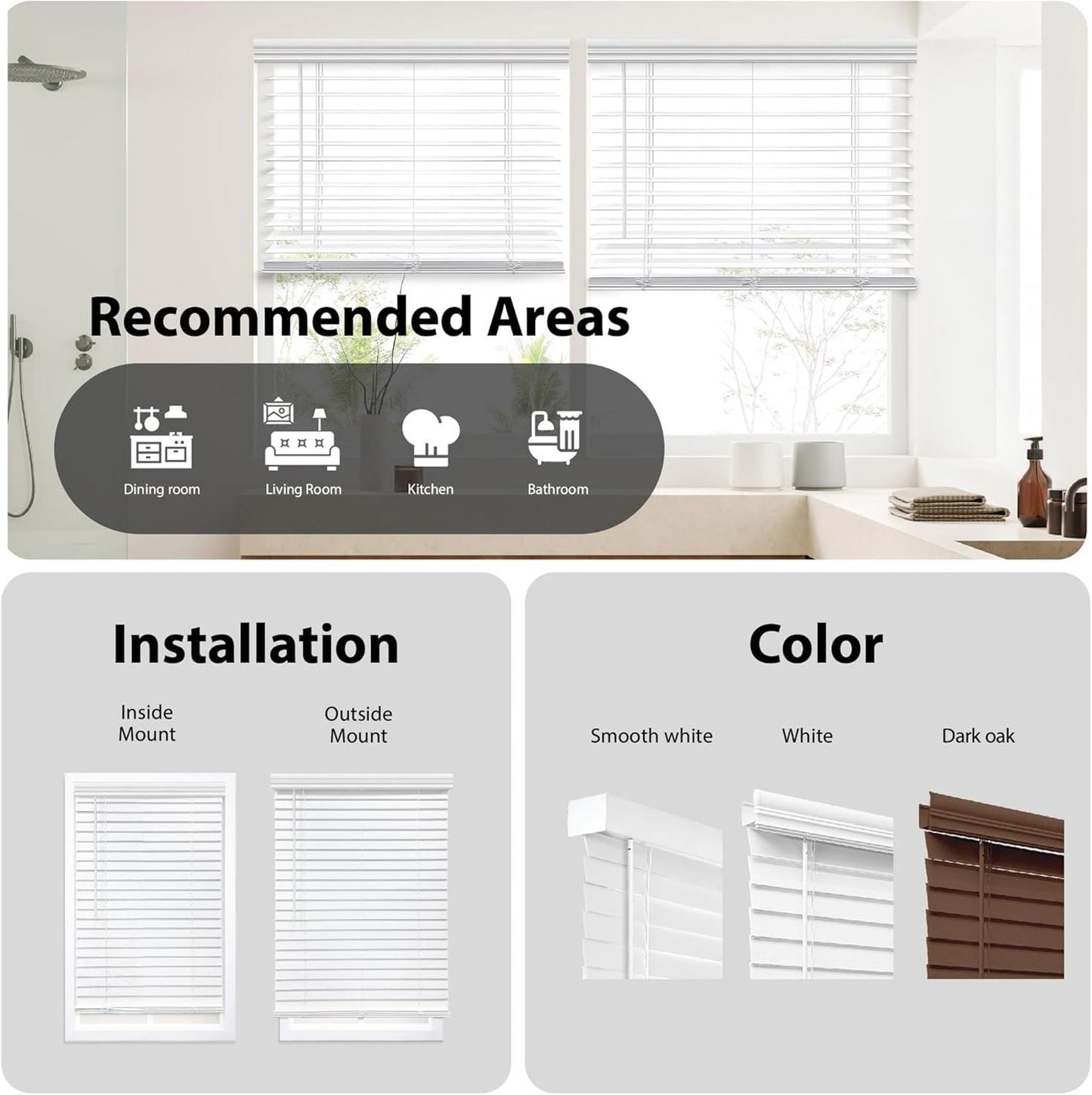 DEZ FURNISHINGS Cordless 2" Faux Wood Blind, 23.5" W x 64" H, White
