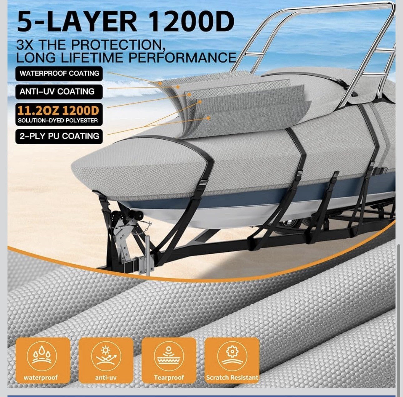 1200D Waterproof Ski Wakeboard Tower Boat Cover 20-22ft w/Straps ⭐