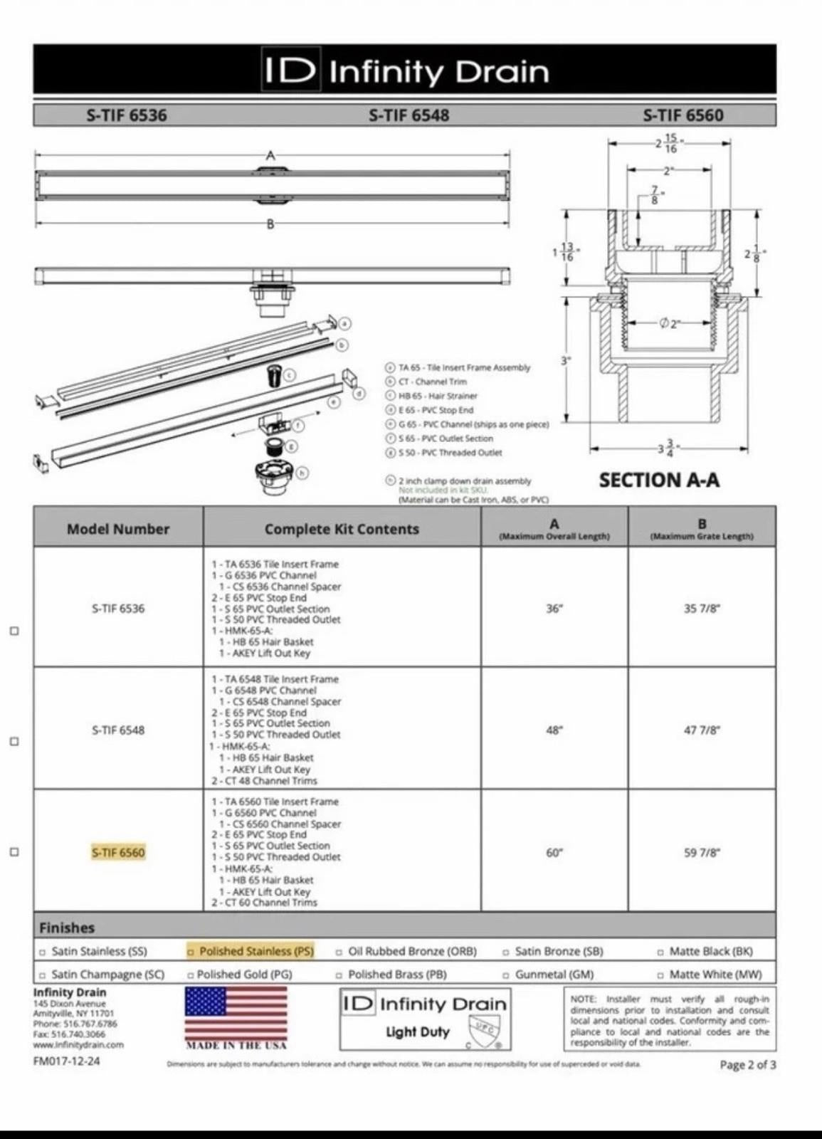 Infinity Drain STIF 6560 SS 60" S-PVC Series Complete Kit Tile Insert Frame *NEW