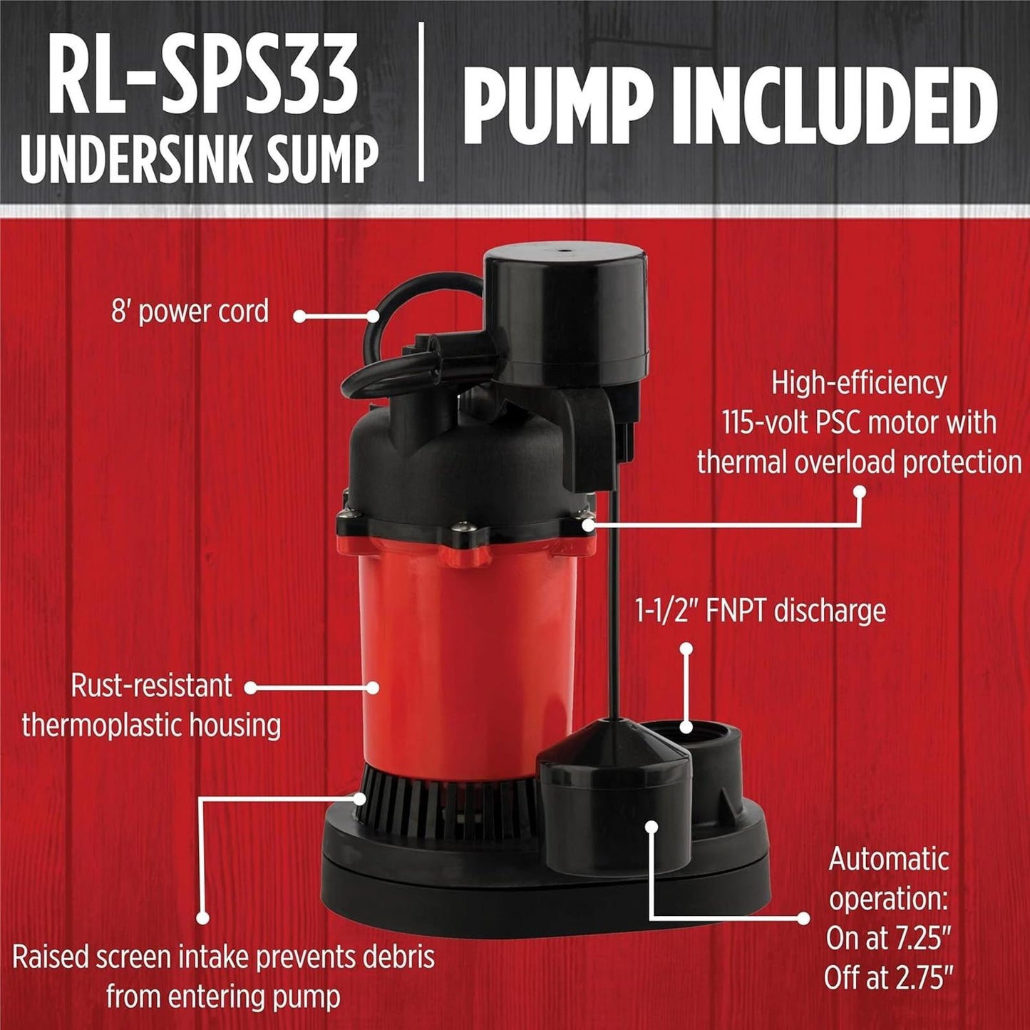 Red Lion RL-SPS33 1/3 HP, 115-Volt, 3200 GPH Under-Sink Sump Pump