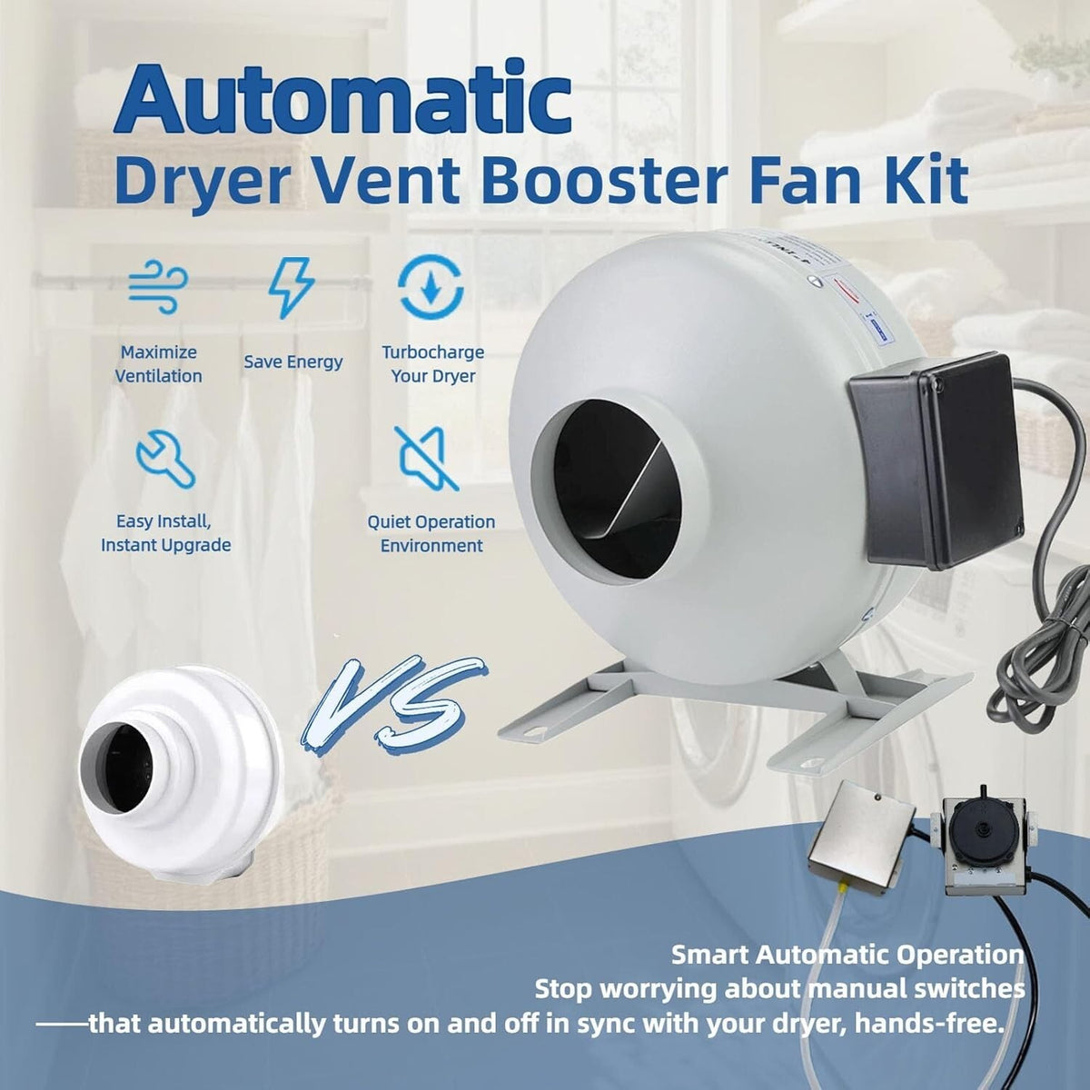 M-4DBT Automatic Dryer Vent Booster Exhaust Fan for Clothes Dryers Vent Duct 4"