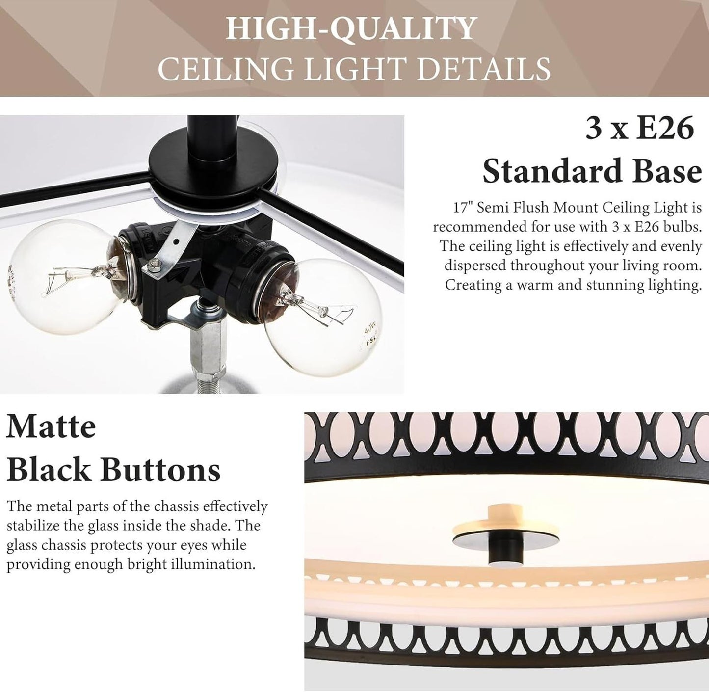 17" Semi Flush Mount Ceiling Light Fixture, Modern 3-Light E26 Double Drum Ceili