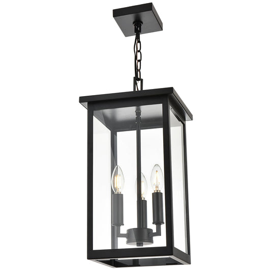 Black Outdoor Pendant Lanern, E12 Candle Chandelier 3-Lights Large Exterior H...