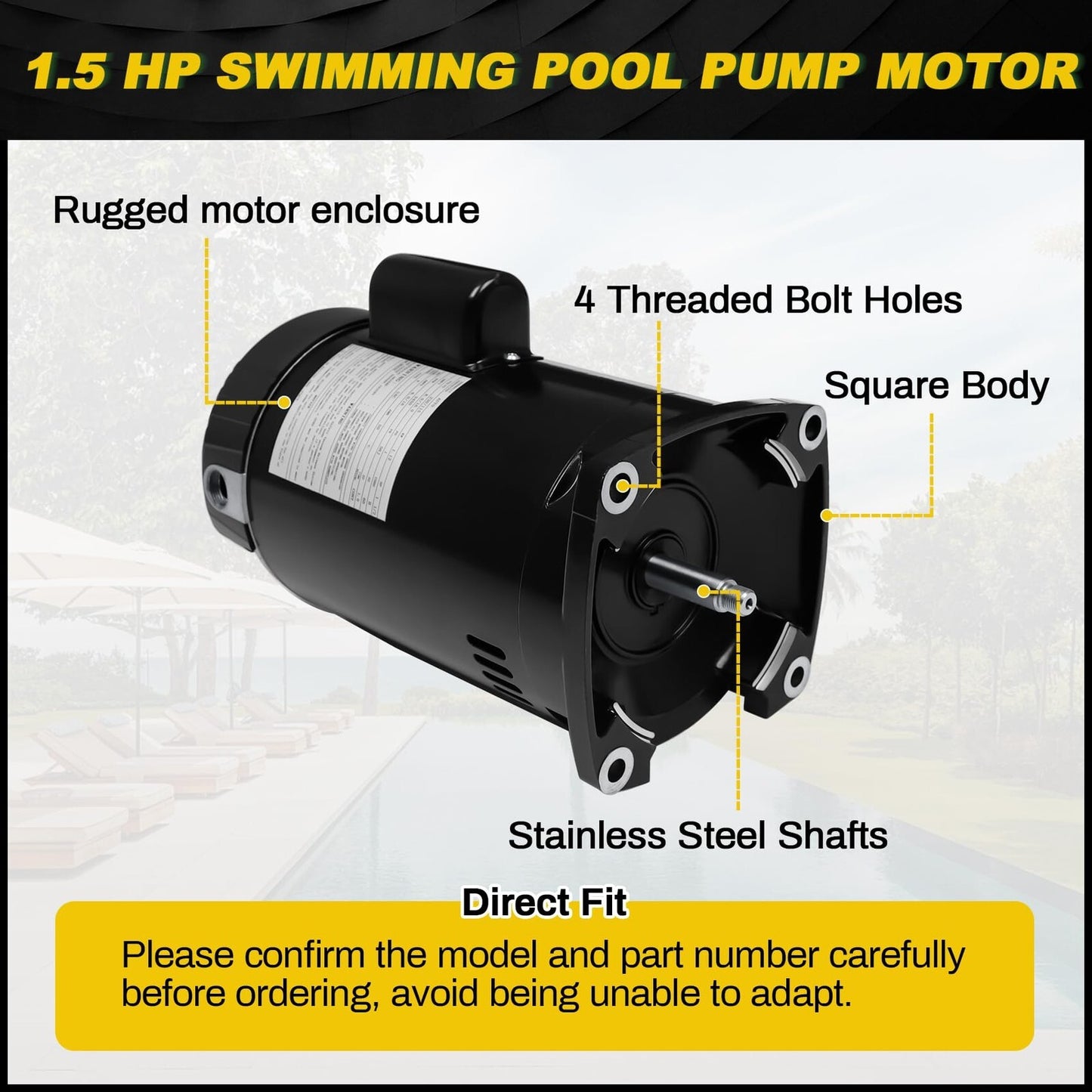 Pump Motor 1.5 HP 230/115V Compatible A.O. Smith B2854 Pool B854 1-1 Century
