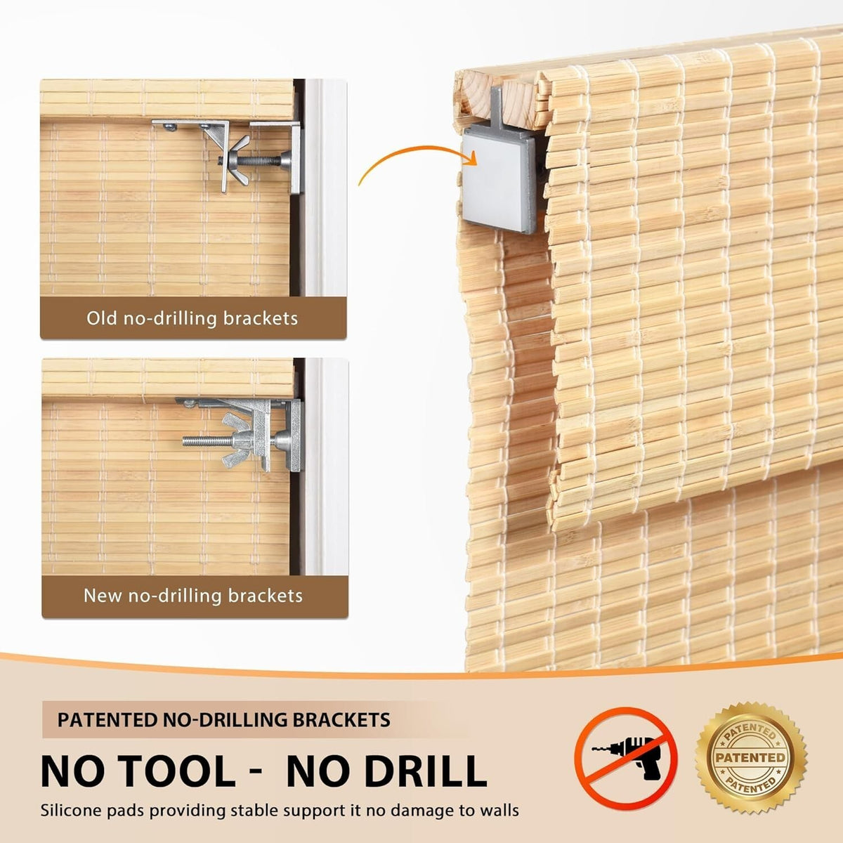 LazBlinds 32 x 64 Cordless Bamboo Roman Shades,Privacy Window, No Drill, Natural