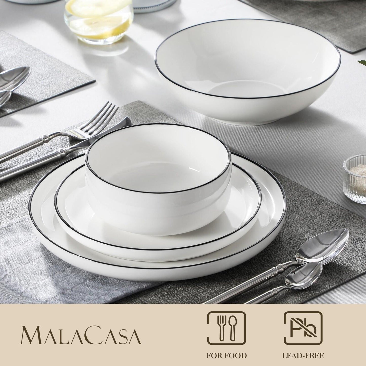 MALACASA Plates and Bowls Sets, 24 Pieces Modern Porcelain Dinnerware Set for...