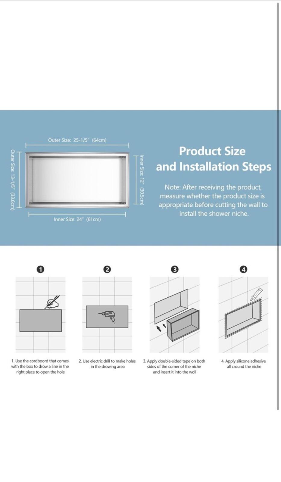 Stainless Steel Shower Niche 24" X 12", No Tile Needed Wall Niche, Recessed S...