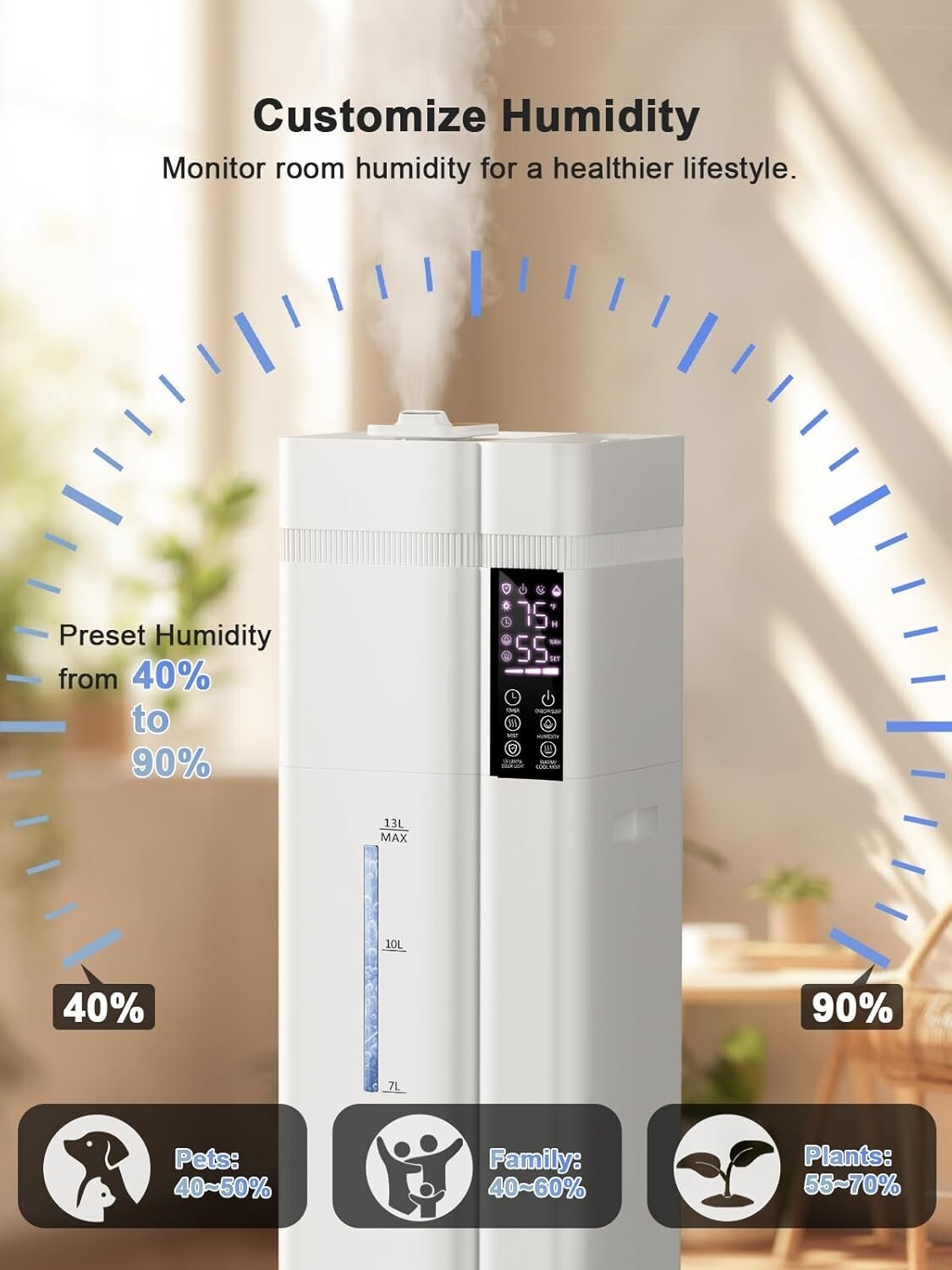13L/3.4Gal Humidifiers for Bedroom, Ultrasonic Warm & Cool Mist Humidifier La...
