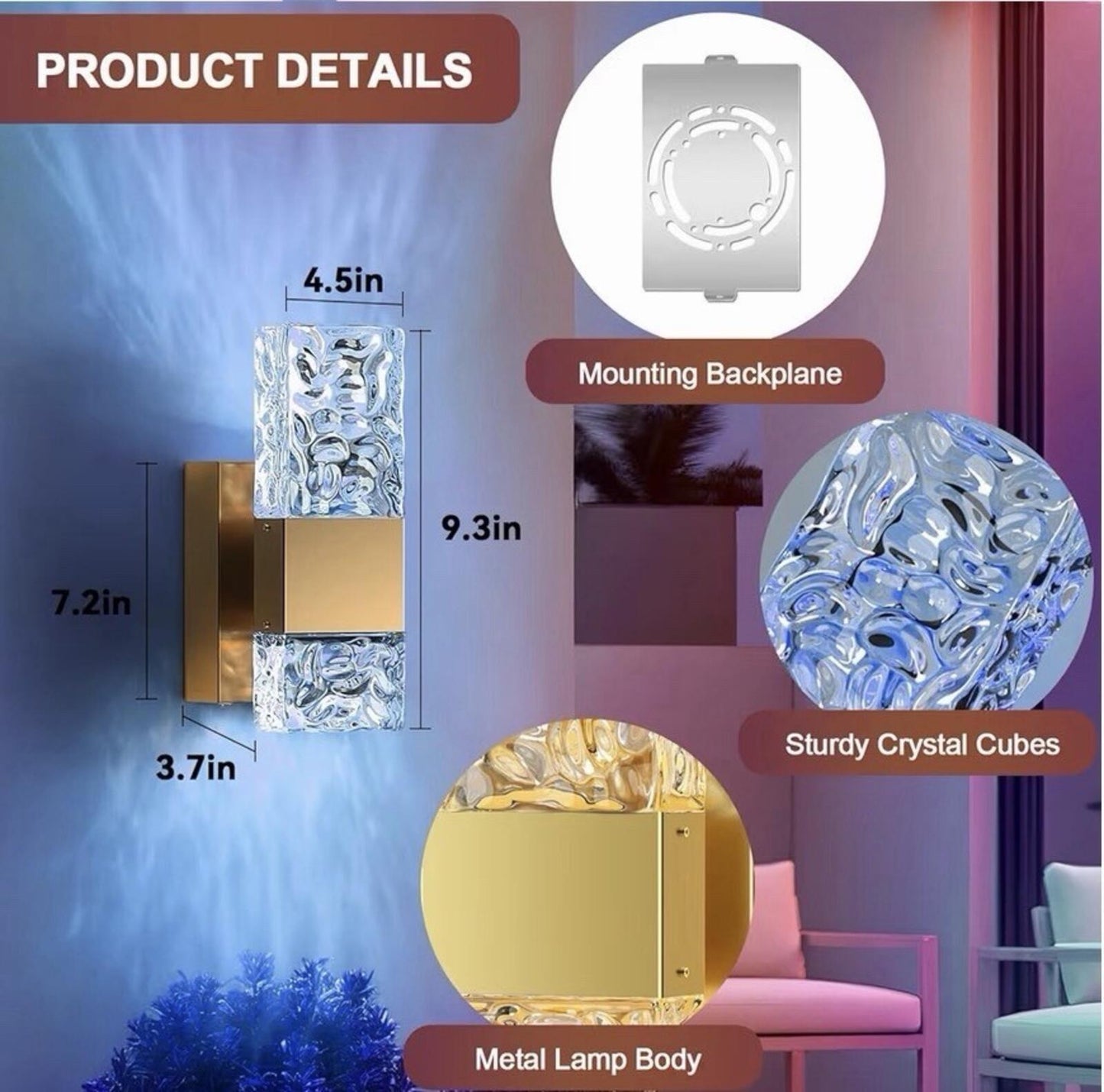Dimmable RGB LED Wall Sconces Set of 2 with Remote Control for Home Decor