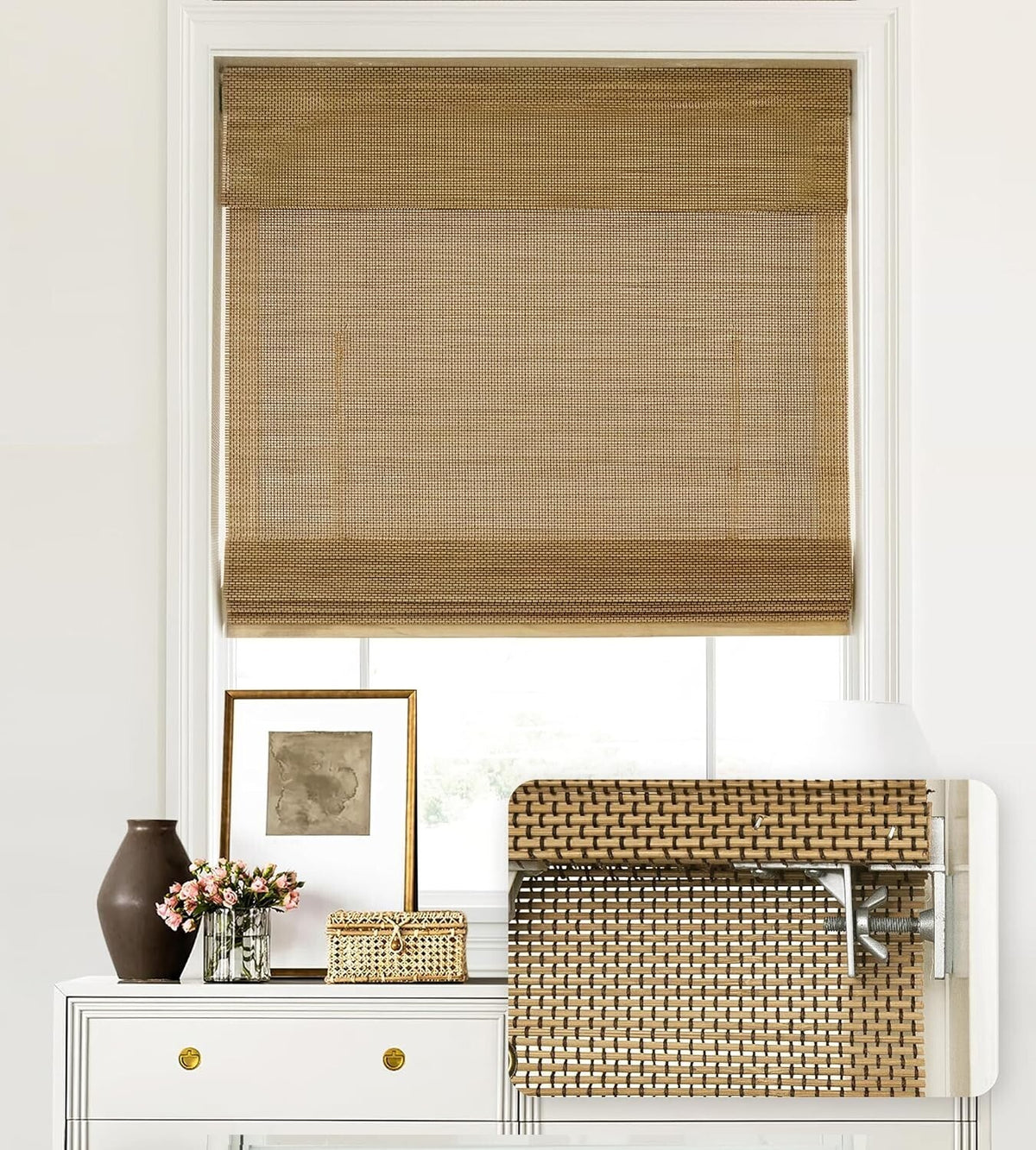 LazBlinds No Tools No Drill Cordless Bamboo Roman Shades Window 39" W x 64'' H