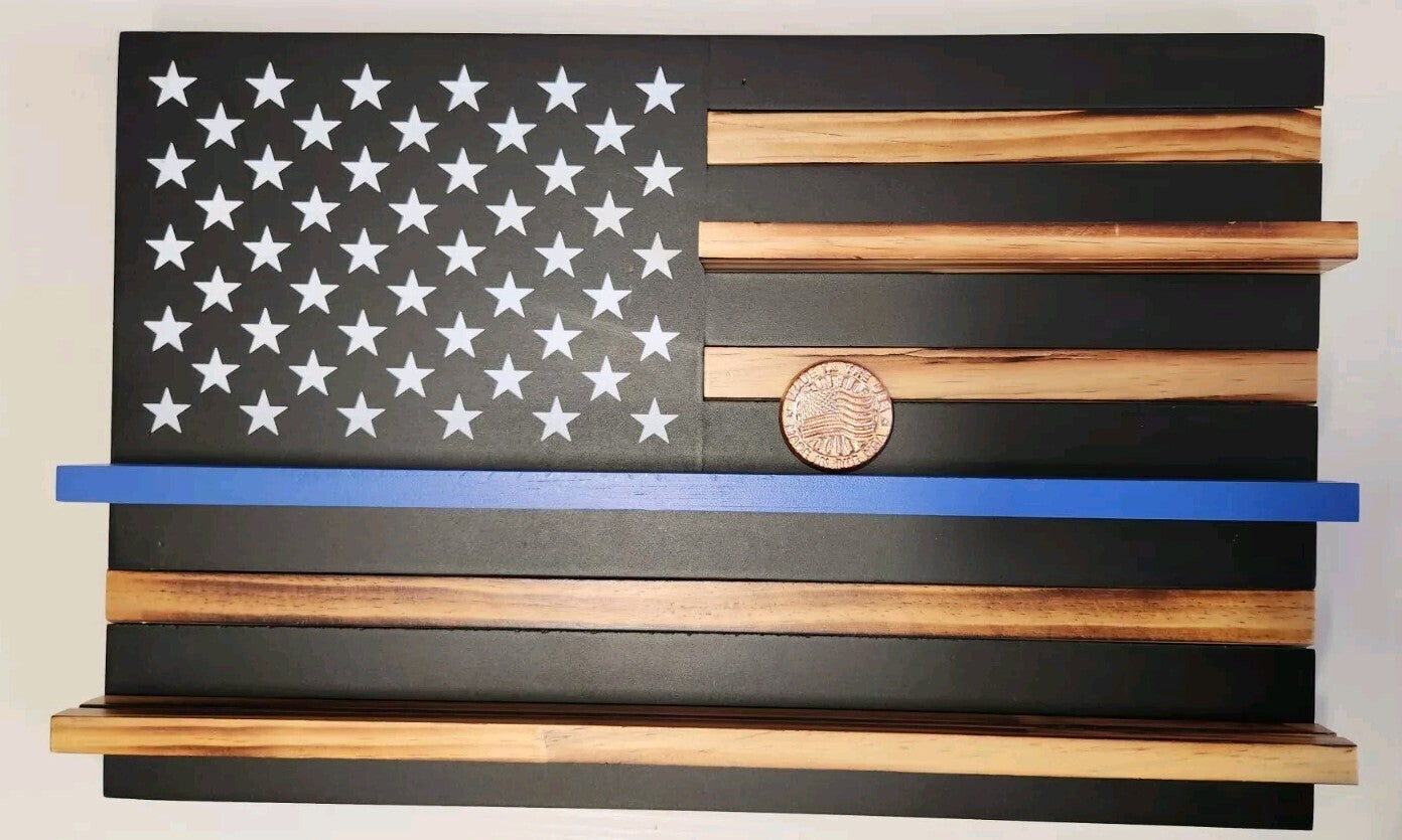 Thin Blue Line American Flag Wood Display Case Coin Holder Handmade Copper Coin 20"x 13"