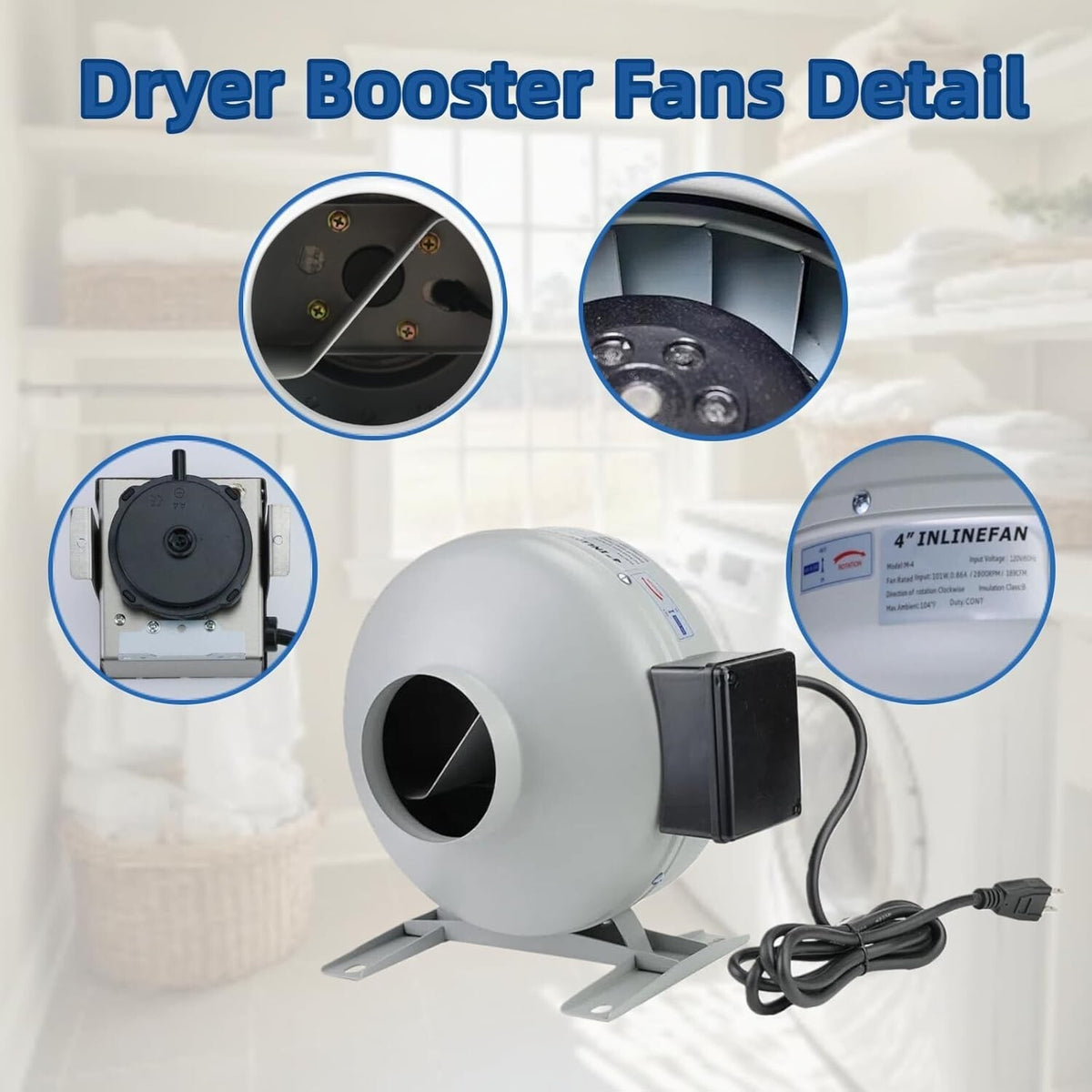 M-4DBT Automatic Dryer Vent Booster Exhaust Fan for Clothes Dryers Vent Duct 4"