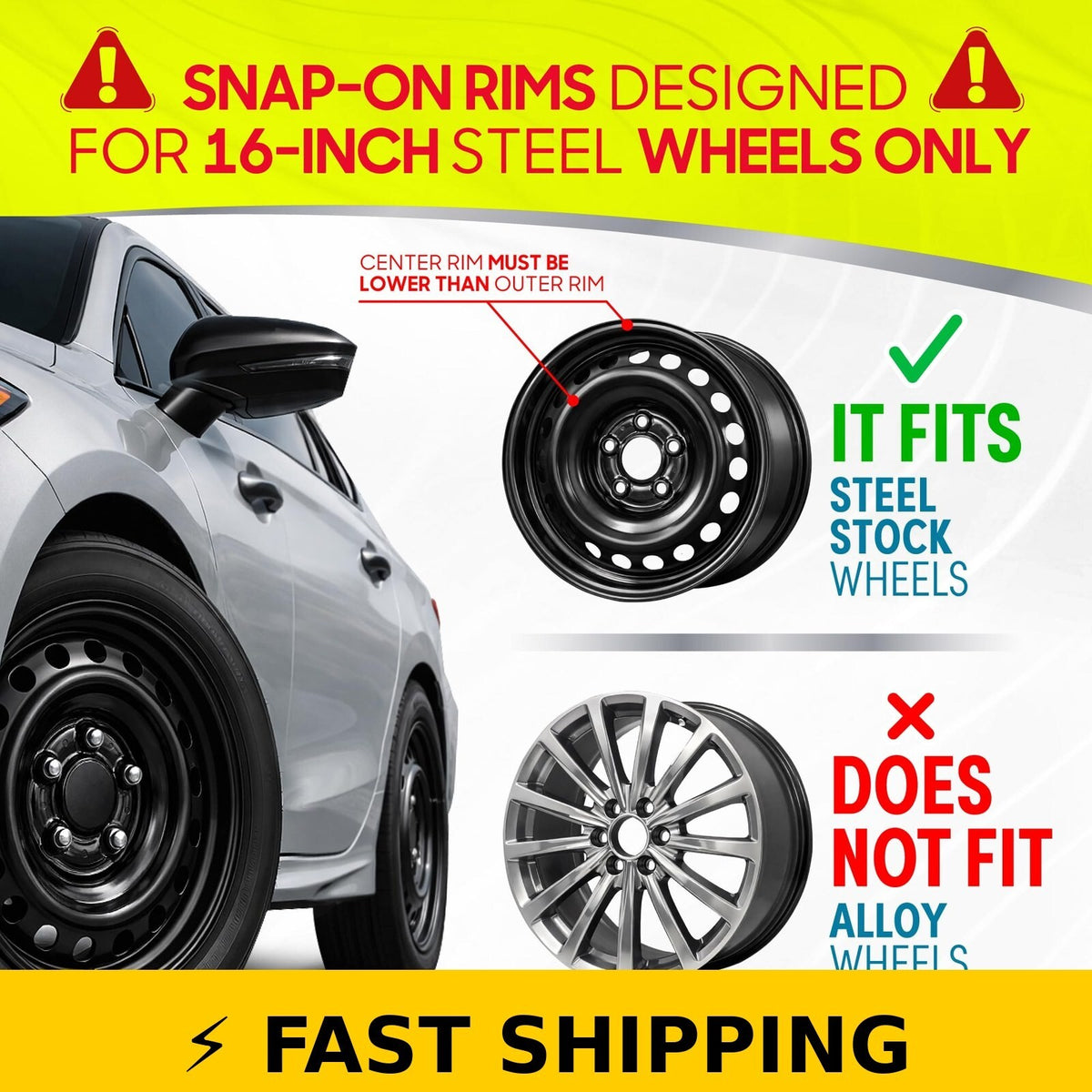 16 Inch Universal Hubcaps Set of 4 - Snap-On Wheel Covers - Black & Silver