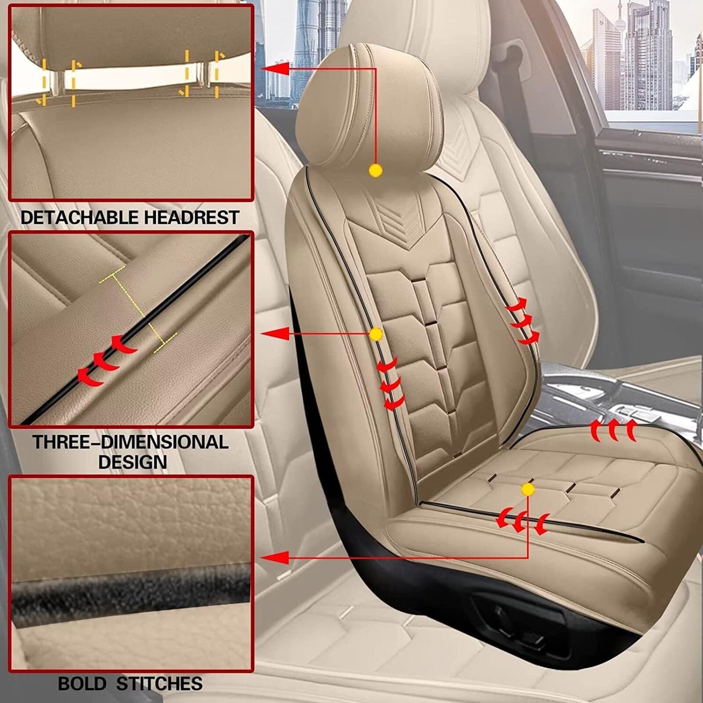 For Cadillac XT5 2017-2024 Car Front 2-Seat Cover Cushion Pad Faux Leather Beige