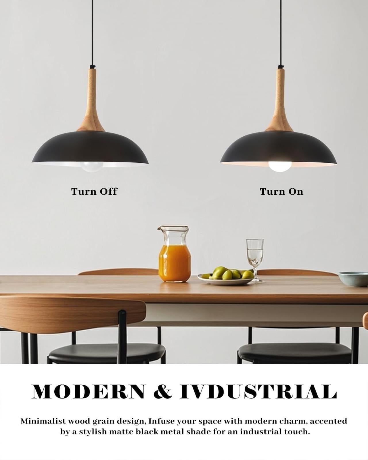 Black Pendant Light Kitchen Island 2 Pack 13.8 inch Pendant Light with Wood Cap