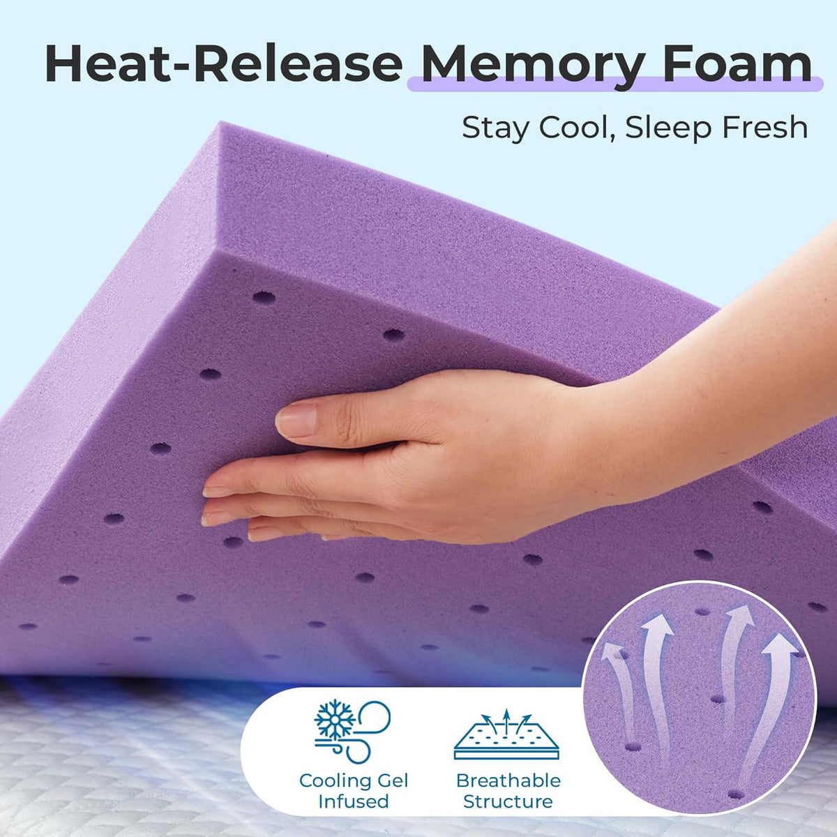 Queen Size 3" Gel Memory Foam Mattress Topper with Cooling Cover