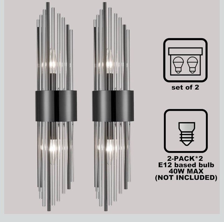 2-Light Modern Wall Sconce Titanium Black Metal with Clear Class Crystal Vanity