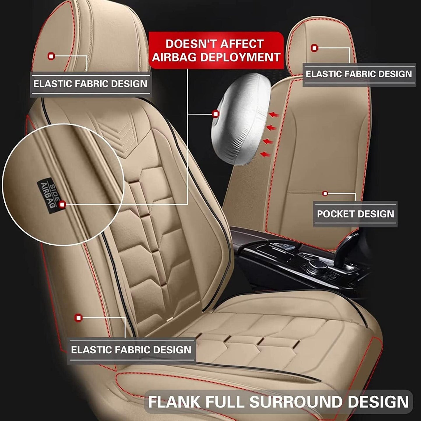 For Cadillac XT5 2017-2024 Car Front 2-Seat Cover Cushion Pad Faux Leather Beige