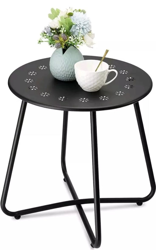 Black Round Weather Resistant Steel Patio Side Table with Flower Cut Outs