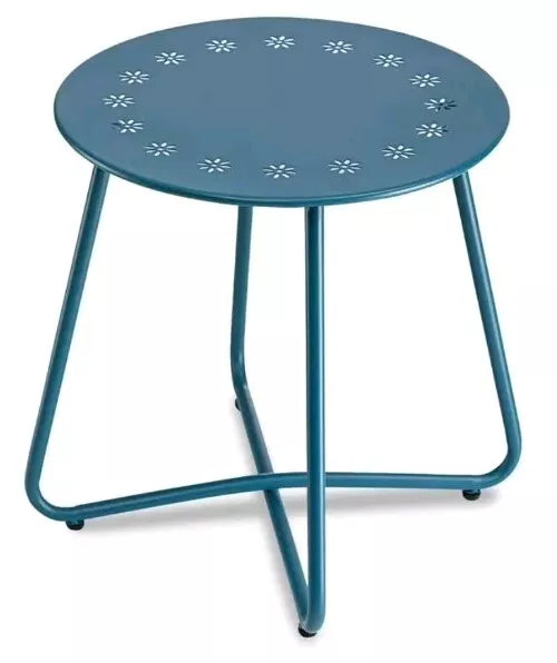 Blue Round Weather Resistant Steel Patio Side Table with Flower Cut Outs