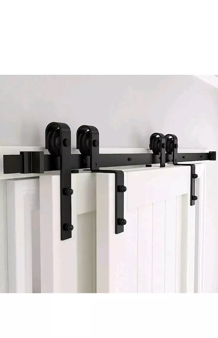 Bypass Sliding Barn Door Hardware Kit, Single Track, One-Piece Rail, Double Wood