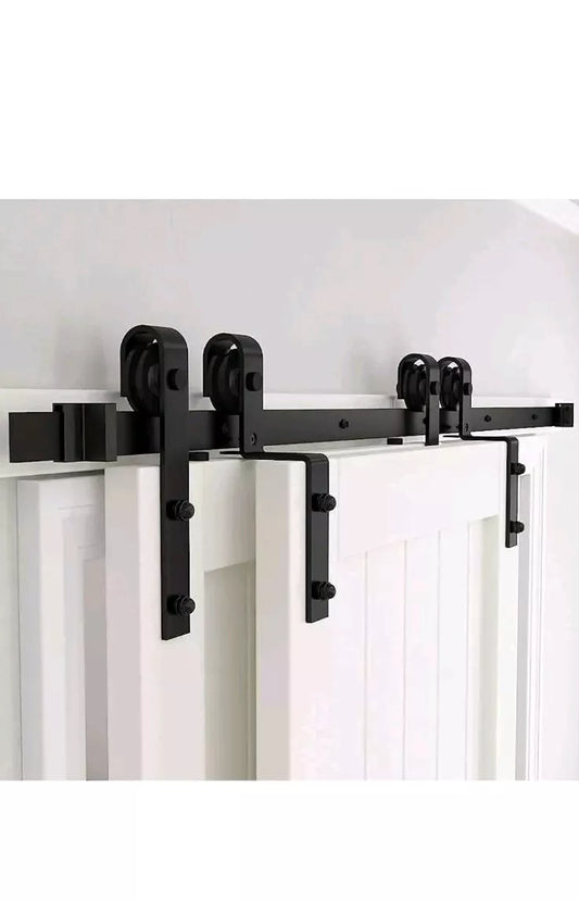 Bypass Sliding Barn Door Hardware Kit, Single Track, One-Piece Rail, Double Wood