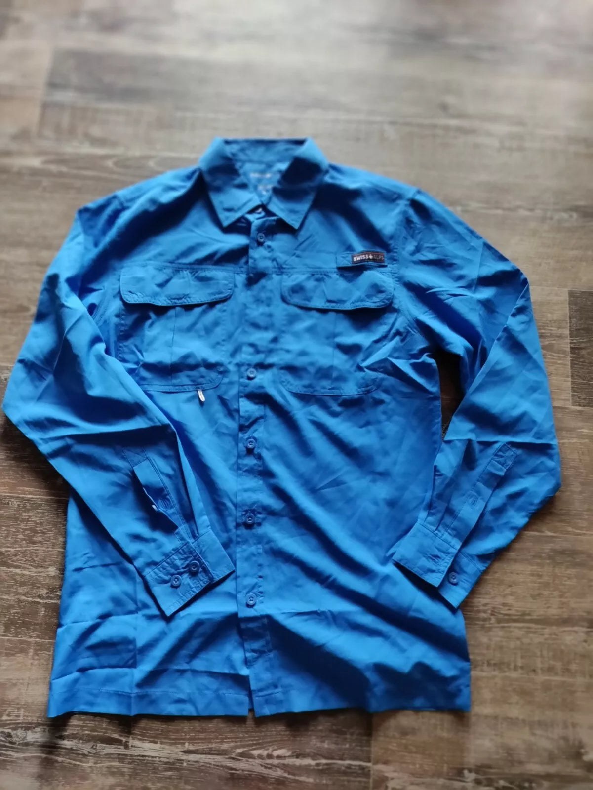 Swiss Alps Mens S Sky Blue Game-Sports Button Down Short Sleeve Missing 1 Button