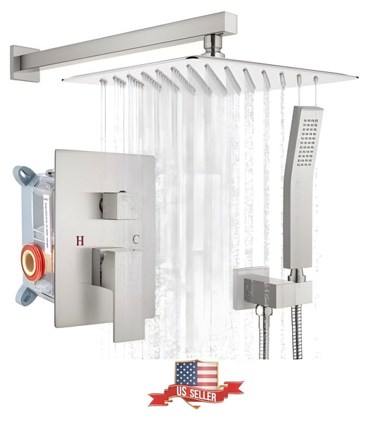 Brush Nickel Rainfall 12" Shower Faucet System High Pressure + Hand Held Luxury
