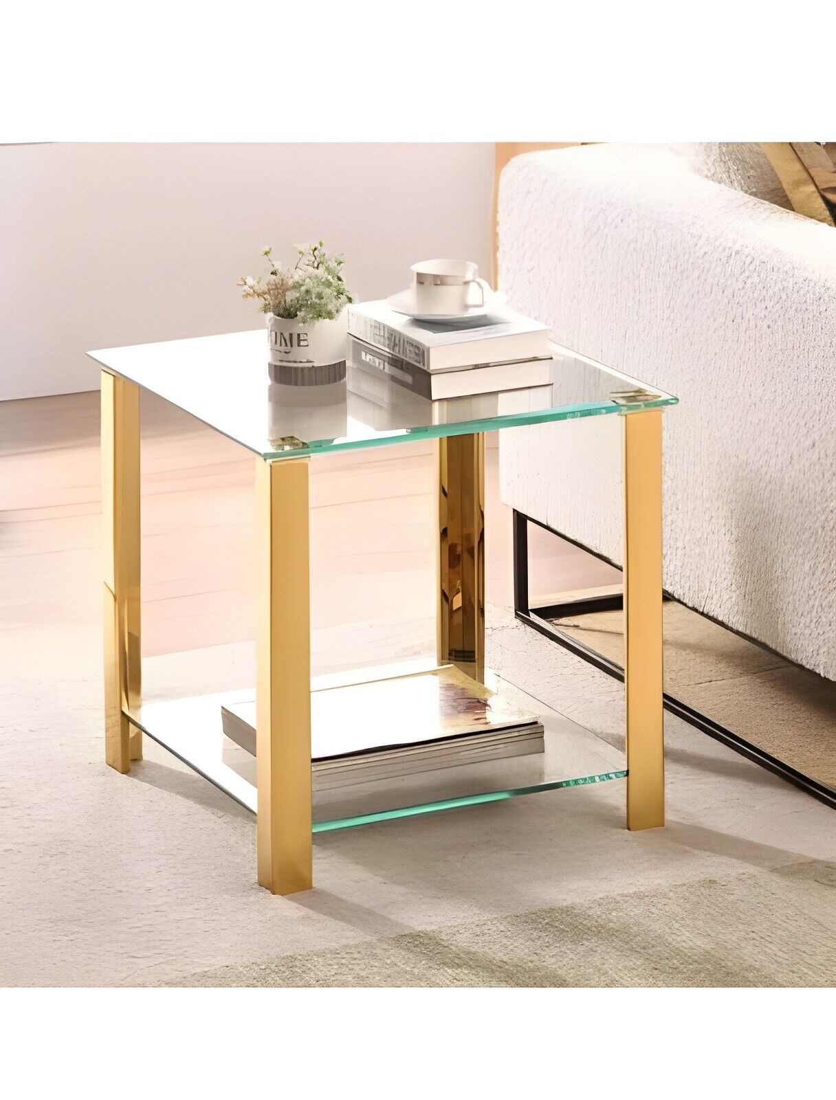 Glass End Table，Side Table with 2-Tier Storage,Coffee Gold