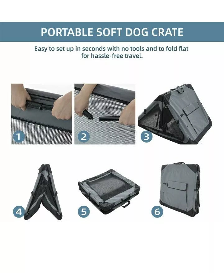 36 Inch Collapsible Crate for Large Dogs, 4-Door Foldable Soft Kennel with Ch...