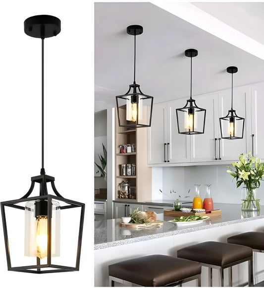 Modern Farmhouse Black Pendant Lighting Rod-Hung Kitchen Pendant Lights Lantern